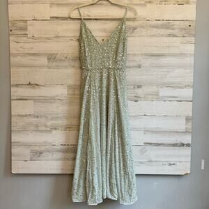 NWT ASOS Embellished Cami Midi Dress in Sage Green Sz4 A-line Fit & Flare Sequin